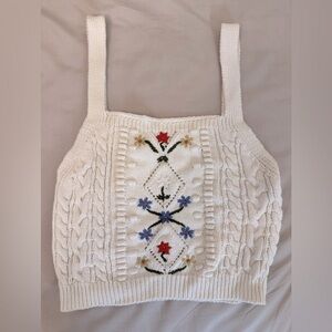 White Knit Tank Crop with Floral Embroidery
